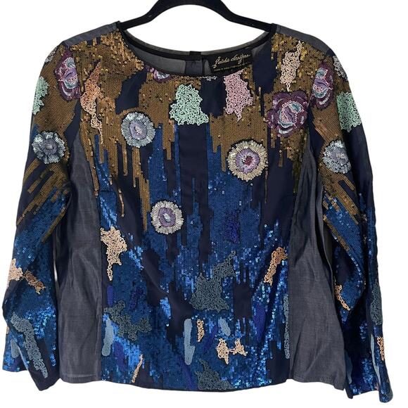 Geisha Anthropologie NWT $178 Size Small Sequin Blue Orla Blouse - Picture 1 of 10